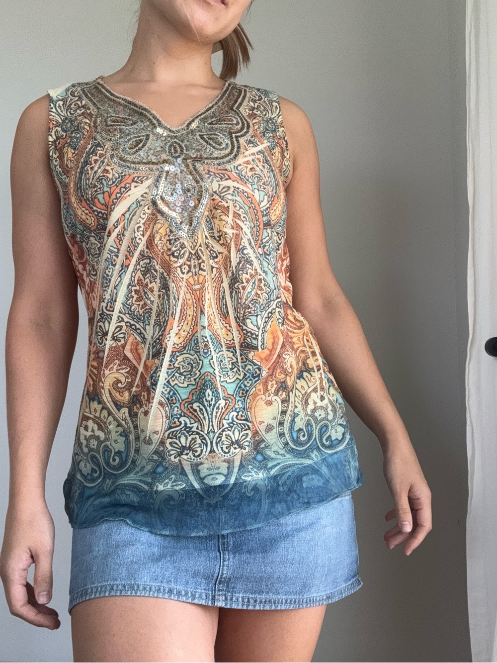 Y2K Cato Paisley Sequin-Trim V-Neck Tank Top - Blue & Orange